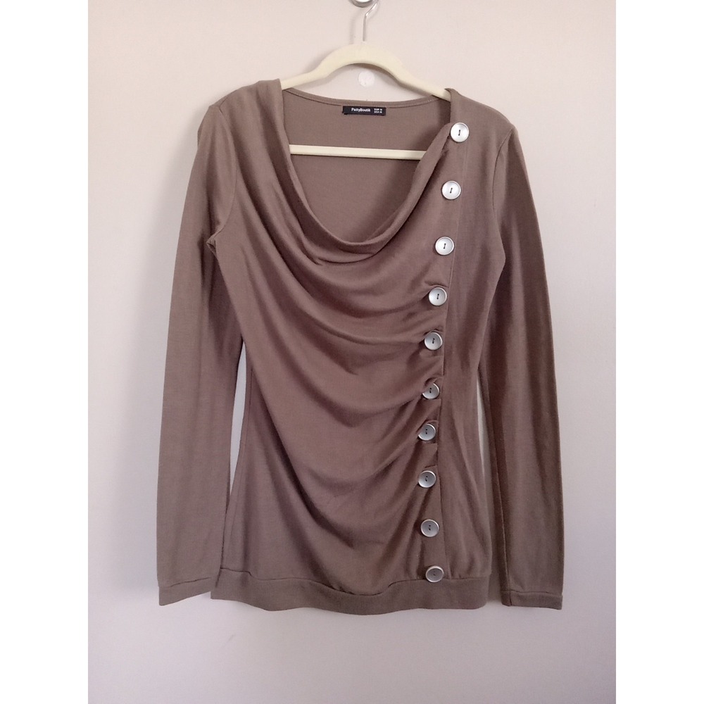 patty boutik Women Brown Ruch Button Waterfall Neck‎ Longsleeve Top Size M